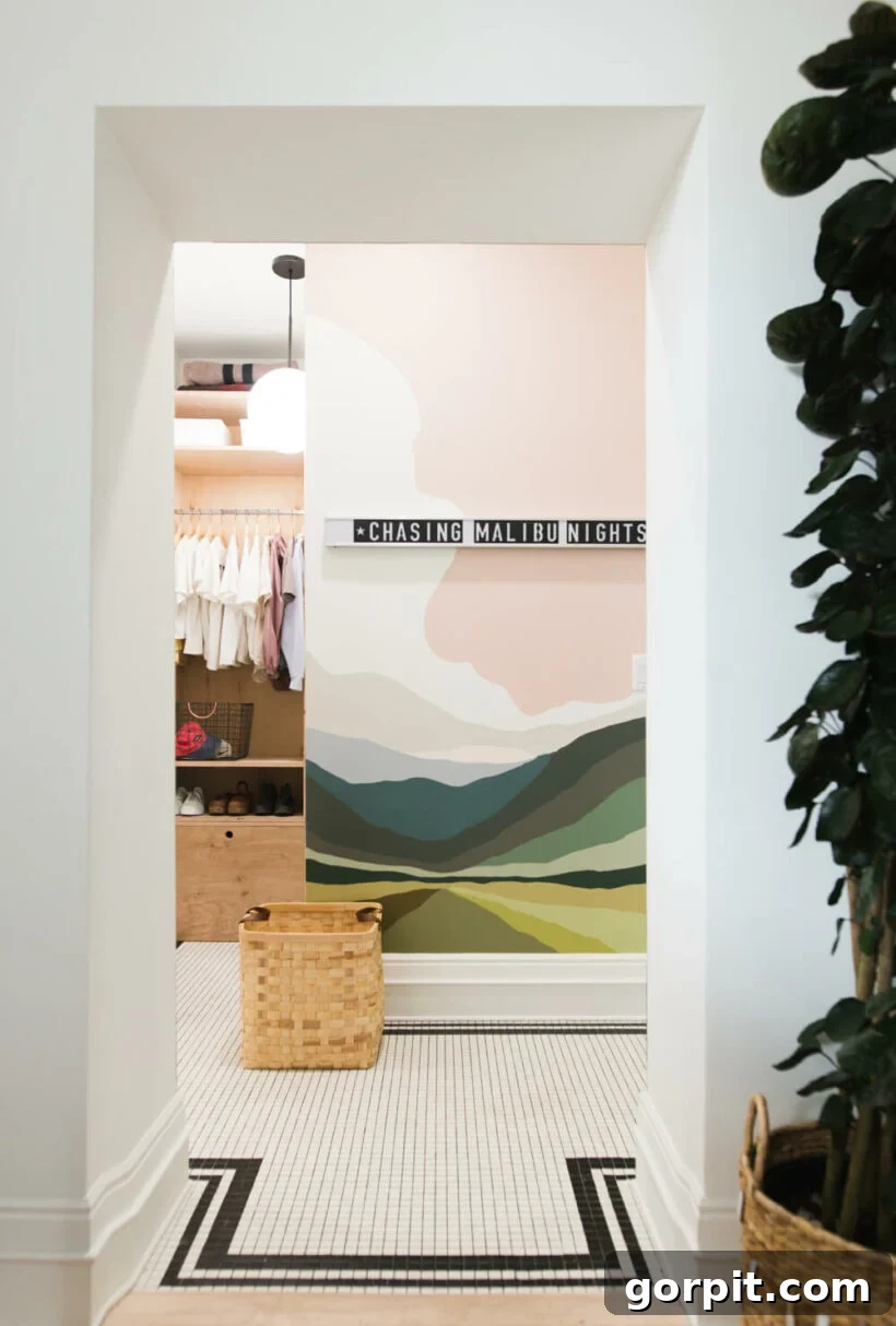 small closet mural of an abstract landscape that says chasing Malibu nights