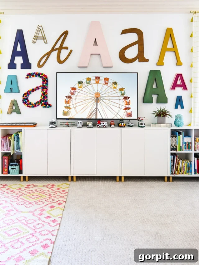 TV on cabinets with typography wall of brightly colored 'A's hanging around it