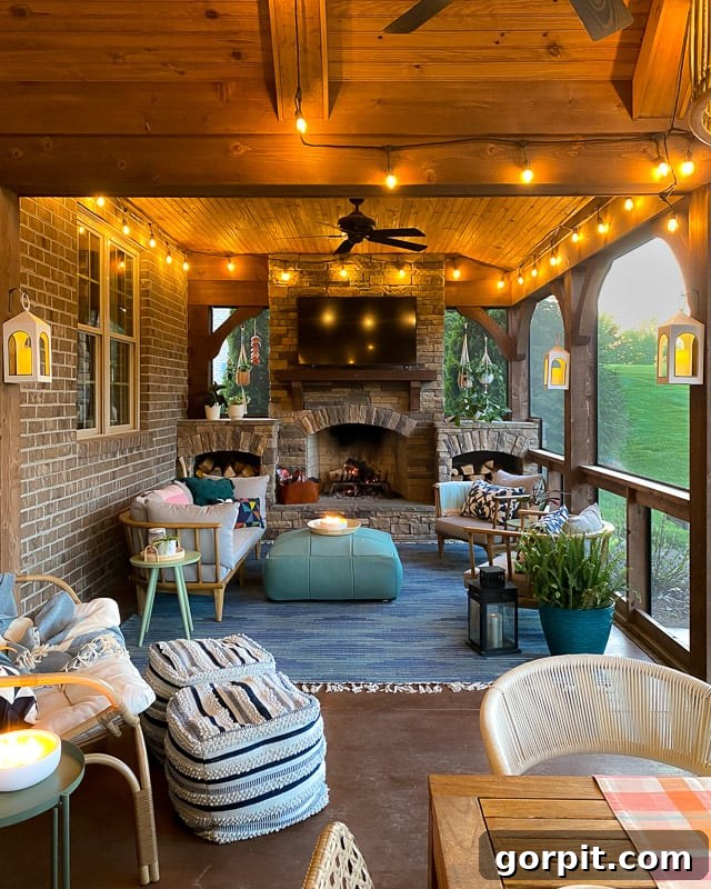 Screened Porch Dreams: Craft Your Perfect Outdoor Escape 3 A screened-in porch idea includes a brick fireplace, TV, a blue rug, and various wicker seating areas and potted plants.