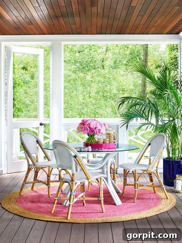 Screened Porch Dreams: Craft Your Perfect Outdoor Escape 5 A screened-in porch idea has a glass round table and white wicker chairs on a circular pink rug against white trim and green foliage.
