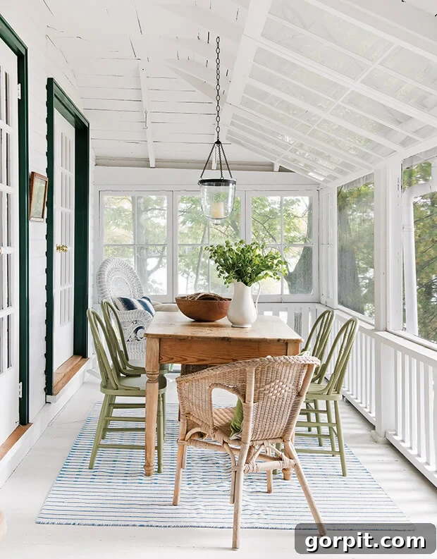 Screened Porch Dreams: Craft Your Perfect Outdoor Escape 8 A screened-in porch with vintage dining table and olive green chairs, with a white slanted ceiling and dark green door trim.