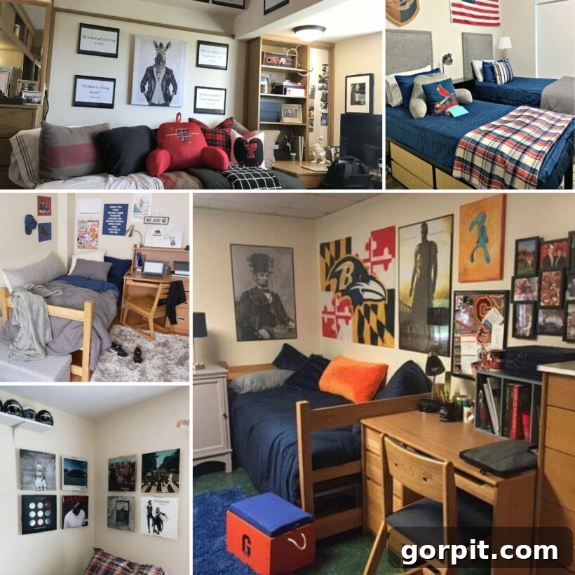 The Modern Guy's Dorm Room Playbook 2 Ultimate Dorm Room Ideas for Guys: A well-organized dorm room with a modern aesthetic, showcasing practical storage solutions and personalized decor.