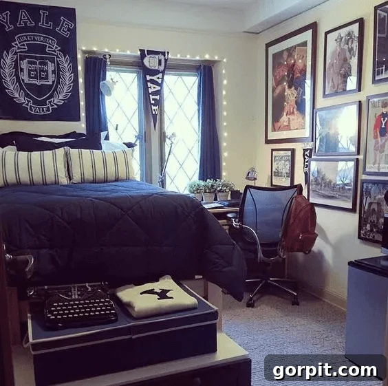 The Modern Guy's Dorm Room Playbook 12 A unique single dorm room at Yale, tastefully decorated with a college pennant, warm string lights, and an antique typewriter, blending vintage charm with academic spirit.