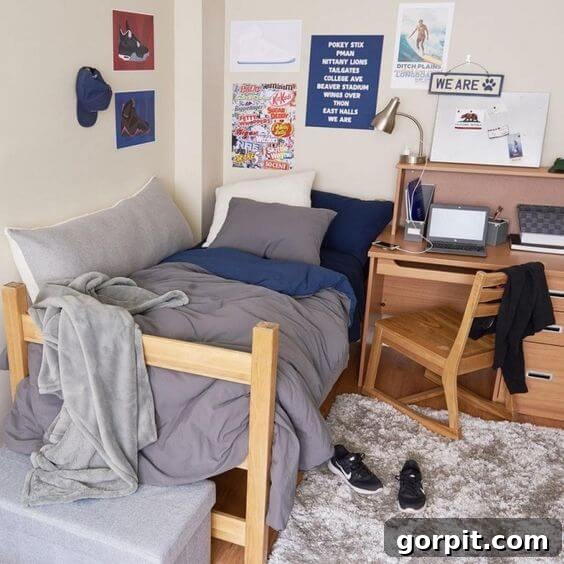 The Modern Guy's Dorm Room Playbook 13 A college dorm room featuring a messy gray bed and a neatly arranged desk with a laptop, indicating a functional study space.