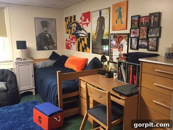 The Modern Guy's Dorm Room Playbook 14 A neat and organized guy's dorm room desk, featuring posters, a laptop, and organized school supplies, promoting a productive study environment.