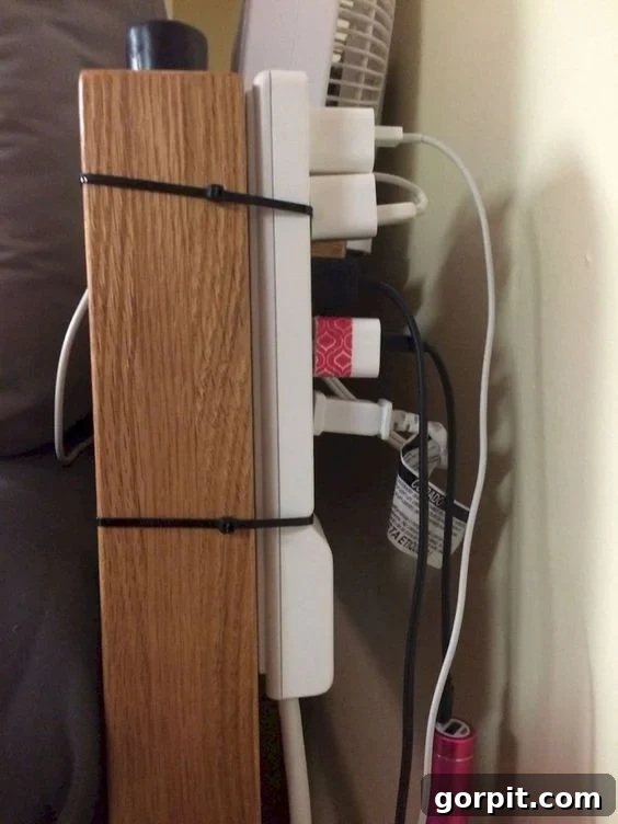 The Modern Guy's Dorm Room Playbook 17 A clever dorm room hack showing a charging strip securely attached to a bed post, providing easily accessible power outlets.