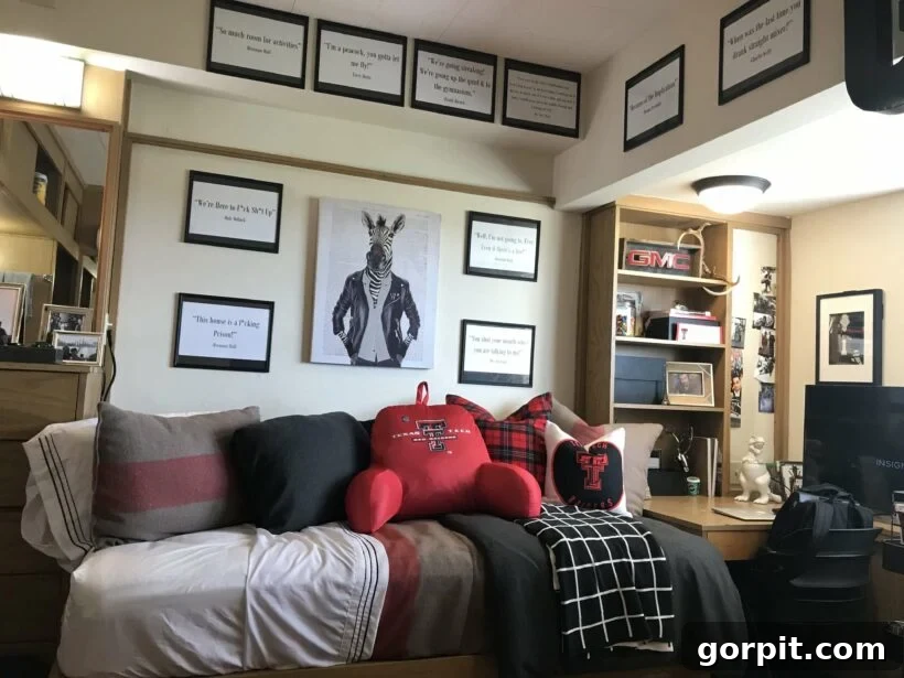 The Modern Guy's Dorm Room Playbook 5 A cozy black, red, and white themed dorm room for guys, featuring a comfortable bed with throw pillows, inspiring quotes on the wall, and unique zebra art.