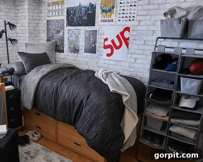 The Modern Guy's Dorm Room Playbook 6 A stylish and organized boy's dorm room featuring brick-patterned wallpaper, vibrant posters, and gray bedding, with vertical storage solutions visible.