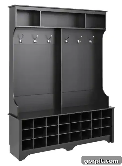 Smart and Stylish Entryway Bench Designs 3 Elegant black mudroom storage unit with numerous shoe cubbies and hooks