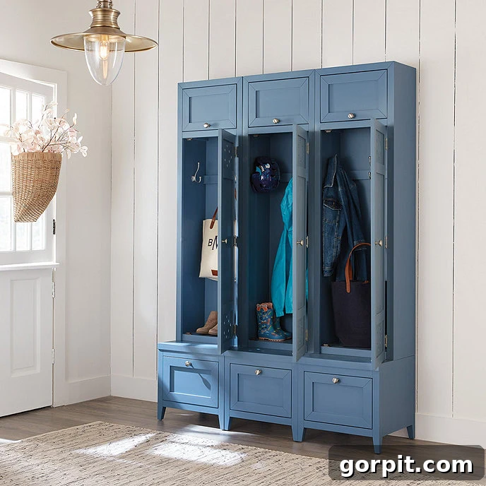 Smart and Stylish Entryway Bench Designs 4 Luxurious blue entryway storage cabinet with hidden coat hooks and doors