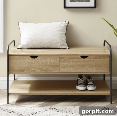 Smart and Stylish Entryway Bench Designs 5 Compact wood storage bench with metal legs, two drawers, and a shoe shelf