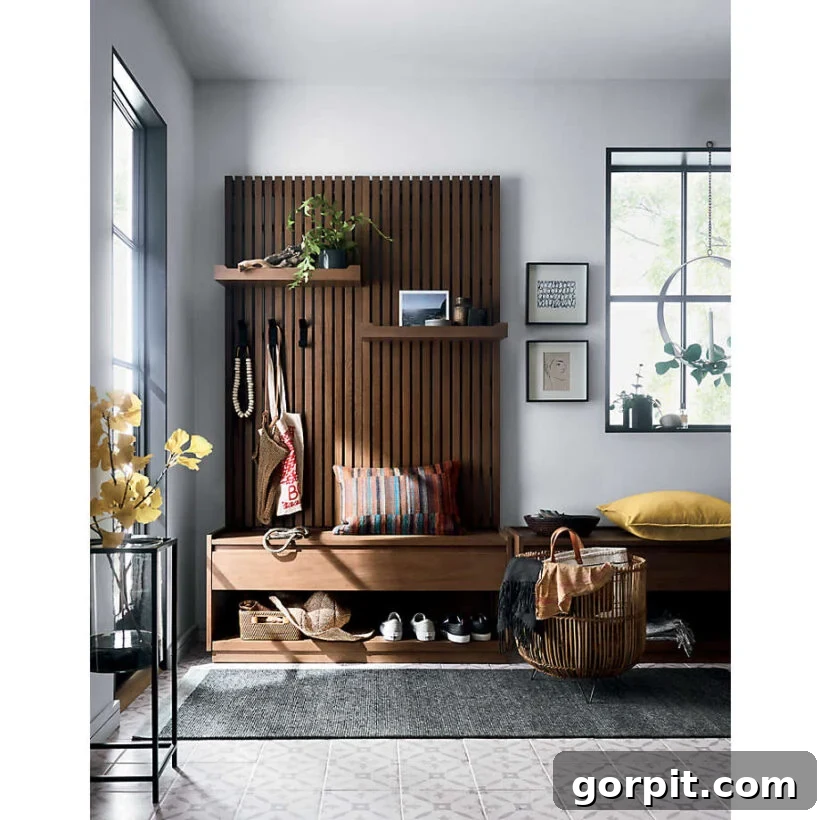 Smart and Stylish Entryway Bench Designs 6 Modern brown slatted entryway modular furniture with seating, shelves, and hooks for accessories