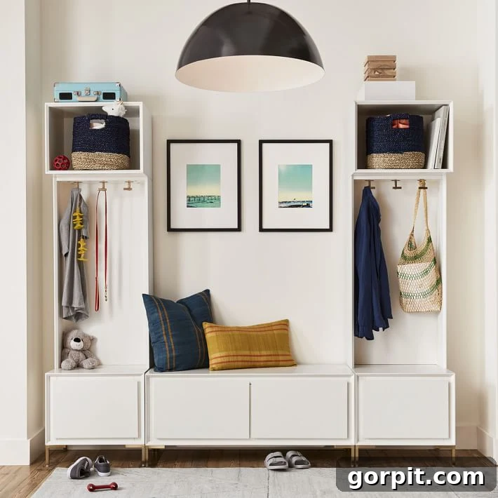 Smart and Stylish Entryway Bench Designs 7 White modular entryway storage lockers with drawers, a bench, and pillows for a customized solution