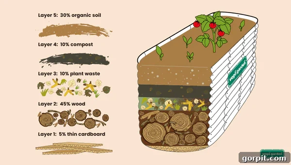 A graphic diagram visually demonstrating the Hugelkultur method for filling a Vego raised garden bed, showing distinct layers of organic matter and soil.