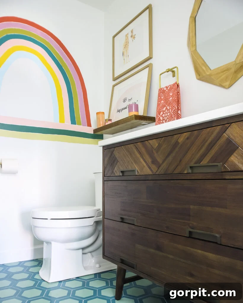 Affordable Bathroom Transformations: Smart DIY Renovation Ideas 10 Colorful and eclectic half bathroom remodel featuring a unique mural and modern fixtures.