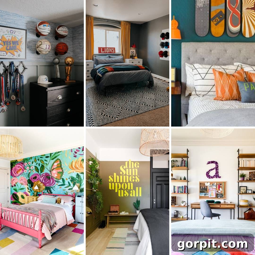 25 Fresh Teen Room Makeover Ideas for Guys and Girls 2 A photo collage of inspiring teen bedroom ideas for both boys and girls. The images showcase diverse styles, including a vibrant corner with sports equipment, a cozy bed framed by cheerful yellow curtains, a creative setup with skateboards adorning the wall above a bed, a striking large floral mural adding artistic flair, a wall featuring uplifting text that reads, "The sun shines on us all," and a practical yet stylish desk integrated between shelves for study and organization.
