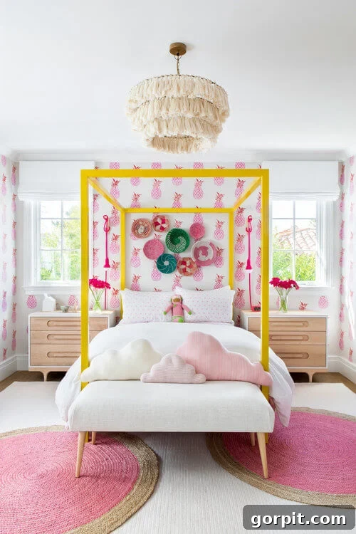 25 Fresh Teen Room Makeover Ideas for Guys and Girls 18 A delightful girl's bedroom featuring charming pink pineapple wallpaper and a striking yellow four-poster bed, elegantly dressed with white bedding. This design exemplifies how unique teen bedroom ideas can incorporate bright, unusual color combinations to create a vibrant and memorable space.