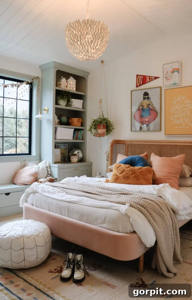25 Fresh Teen Room Makeover Ideas for Guys and Girls 10 A stylish teen girl's bedroom featuring a luxurious velvet and cane bed, a refreshing mint window seat, practical bookshelves, and an elegant planked ceiling. This example illustrates how versatile teen bedroom ideas can be, appealing to both boys and girls with sophisticated design elements.