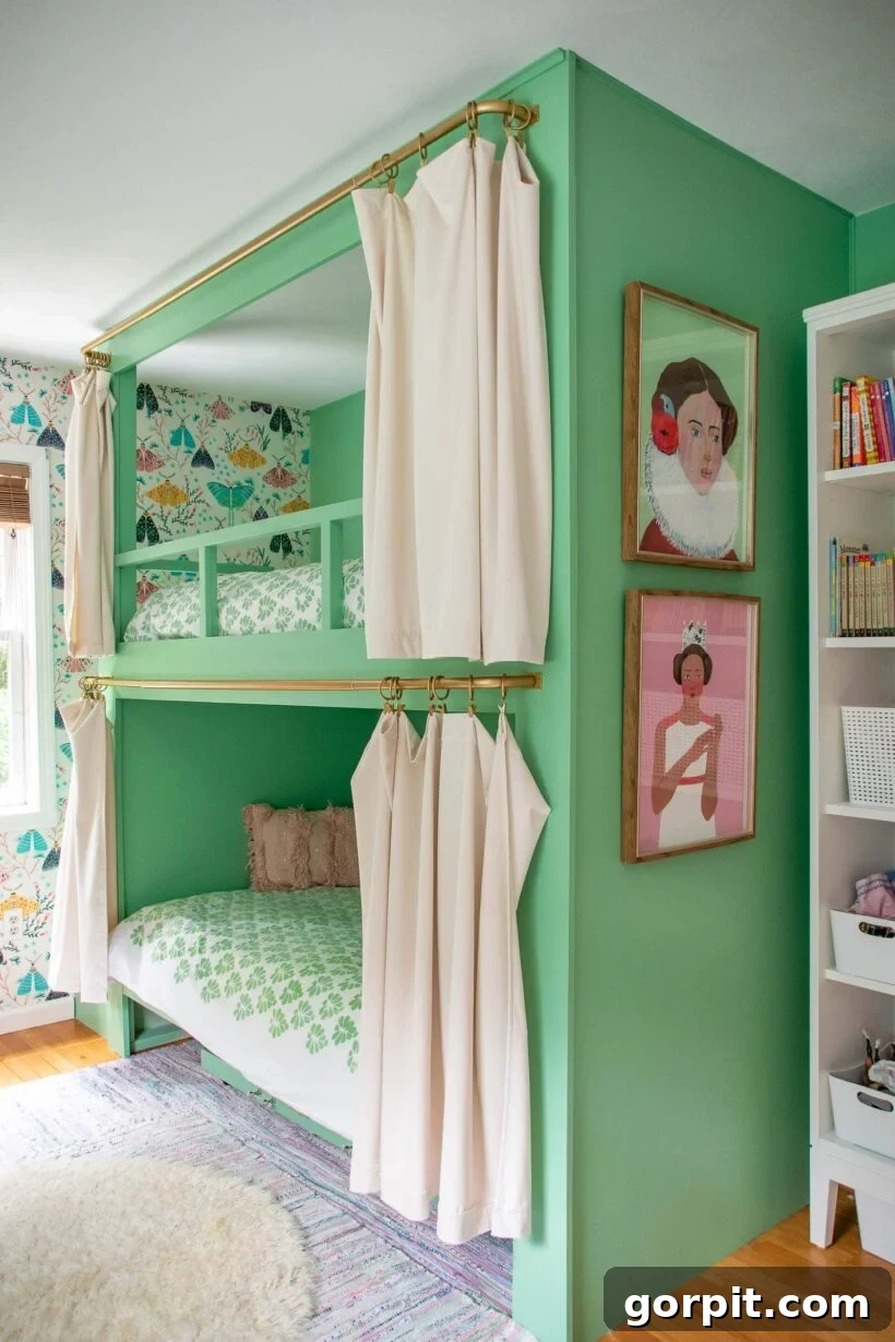 green DIY built in bunk beds