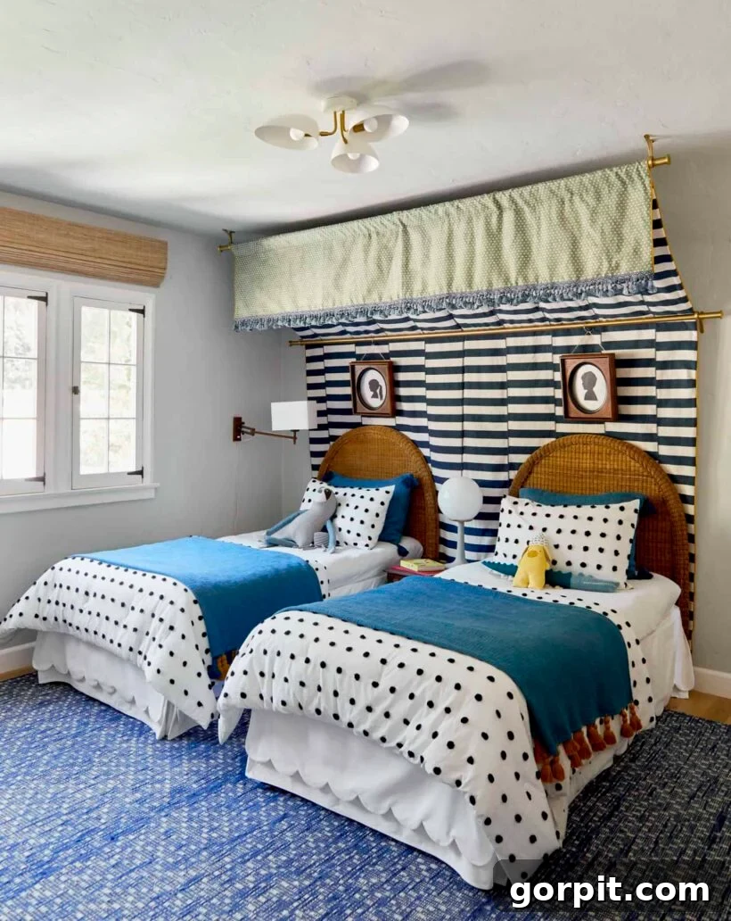 twin wicker beds with striped double canopy and polka dot bedspreads
