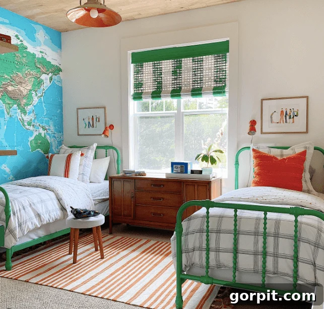 shared bedroom with map mural and green wood beds