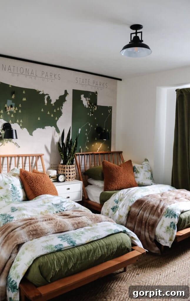 shared room with green and brown decor