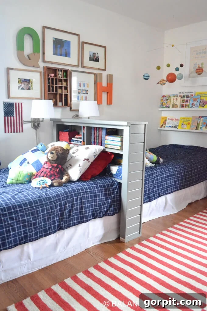 shared room with bright decor and heads of bed together