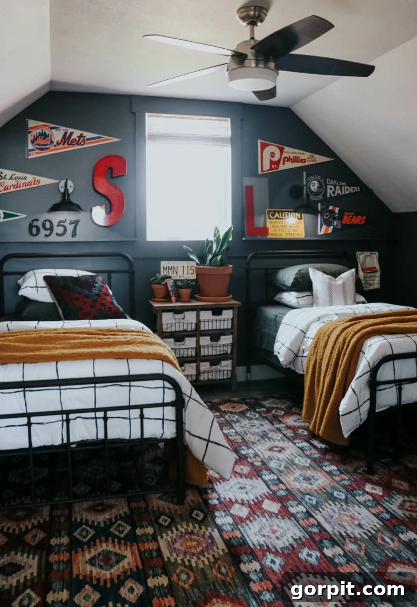 shared bedroom with twin beds pennant collection on wall
