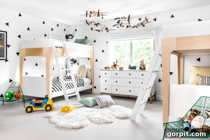 black and white kids room with two set of bunk beds and planes hanging from ceiling