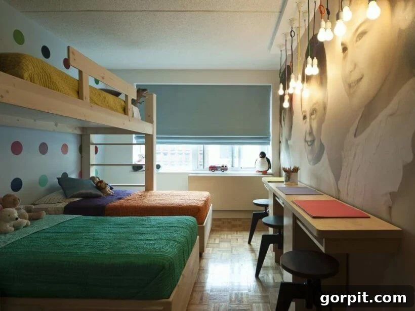 narrow kids' room with double bed bunk bed and desk along wall
