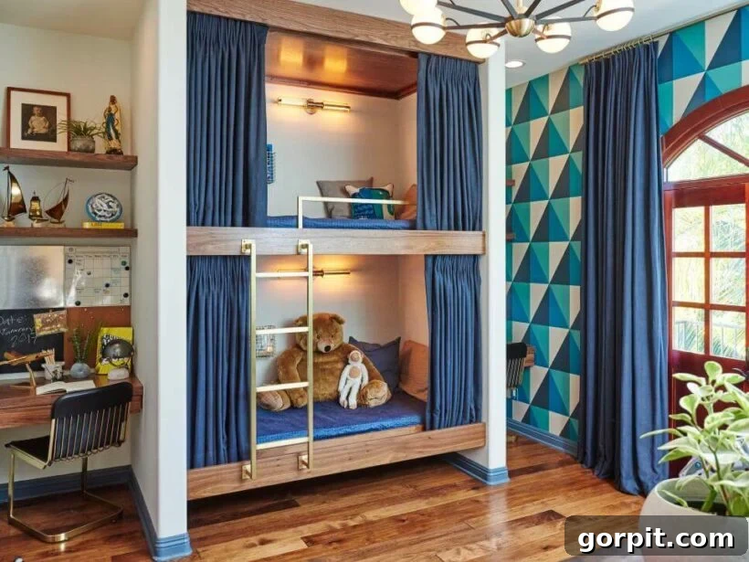 bunk beds with curtains and graphic blue and green wallpaper