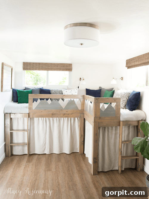 raised wood beds with ladders and curtains hiding what is underneath
