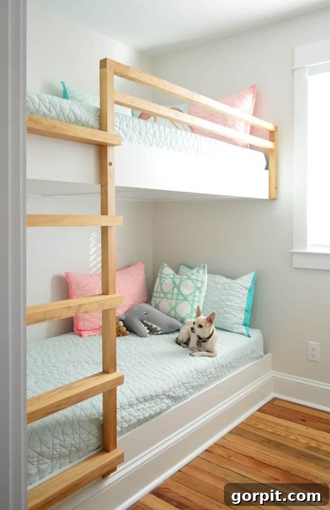 white bunk beds with natural wood ladder and rails