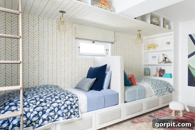 built in twin beds in blue and gold shared girls' room