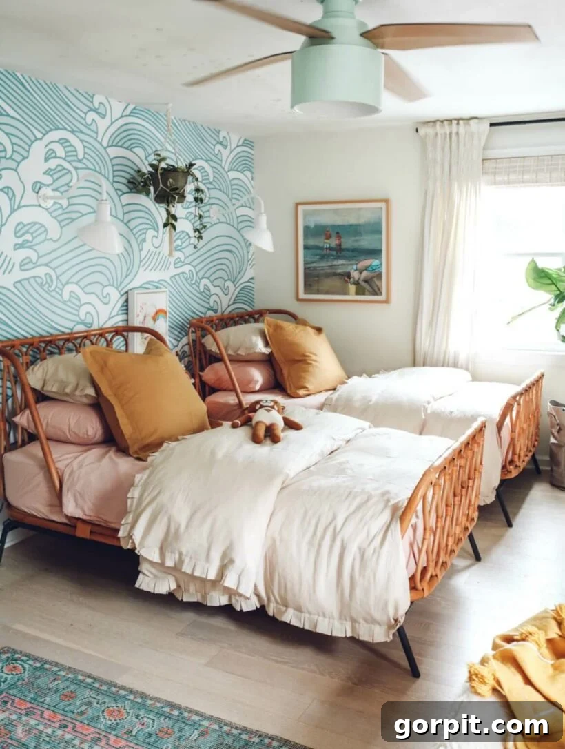 boho wood beds with blue wave wallpaper and neutral bedding