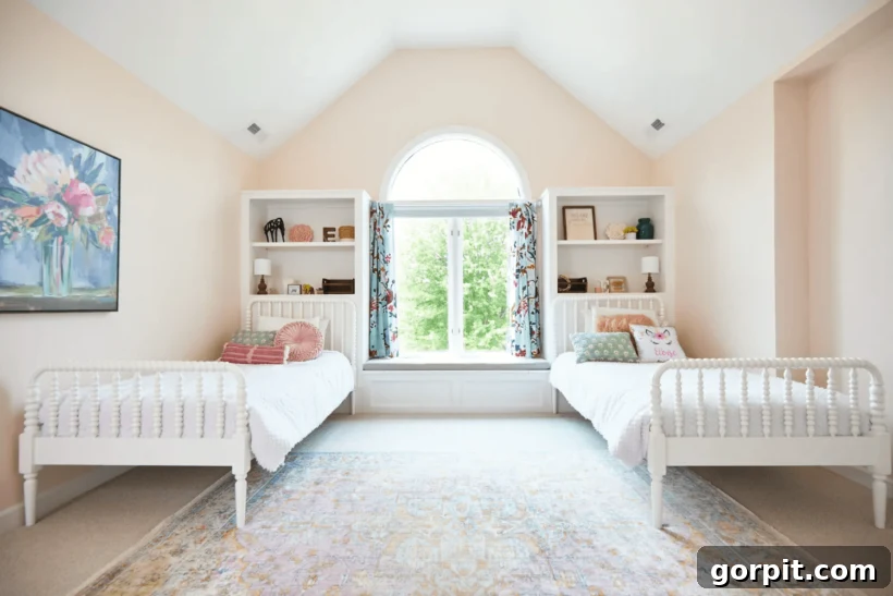 blush bedroom with white Jenny Lend beds and floral painting