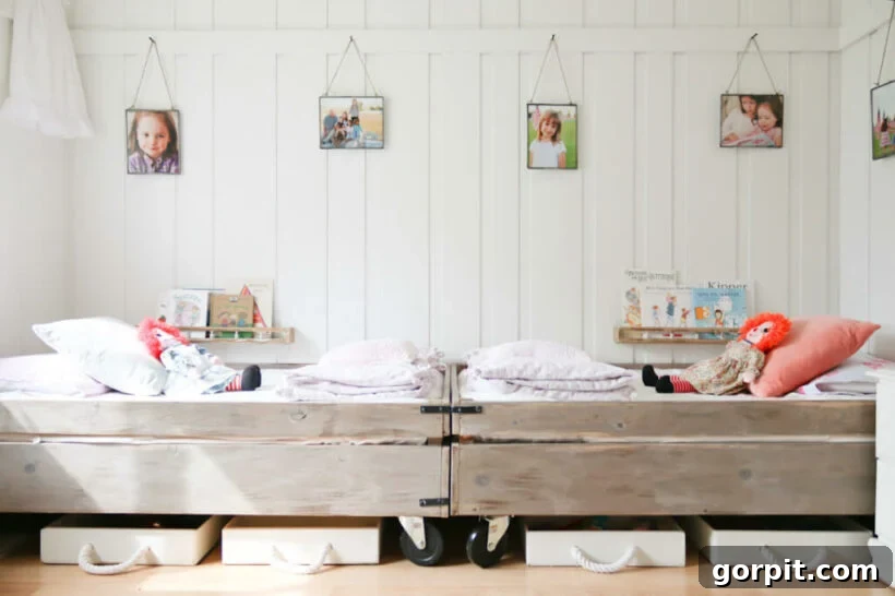 rustic wood beds on caster in white bedroom with hanging photographs over beds