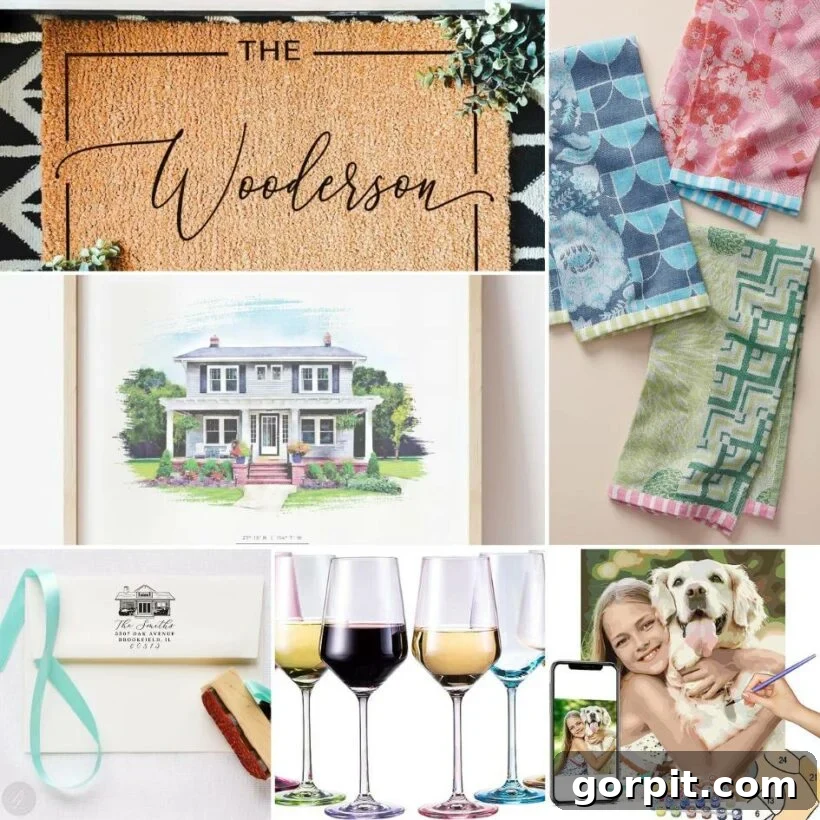 photo collage of unique housewarming gift ideas featuring various home items and decor