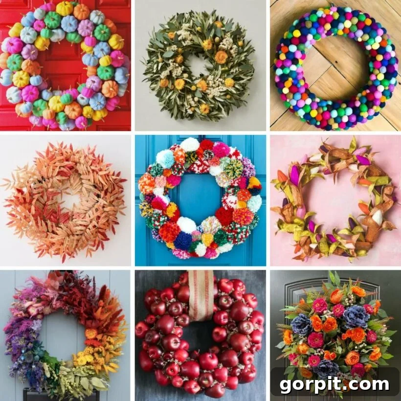 Autumn Door Decor: Fresh Wreath Ideas to Warm Your Home 2 collage of photos of fall wreath ideas featuring various unique designs