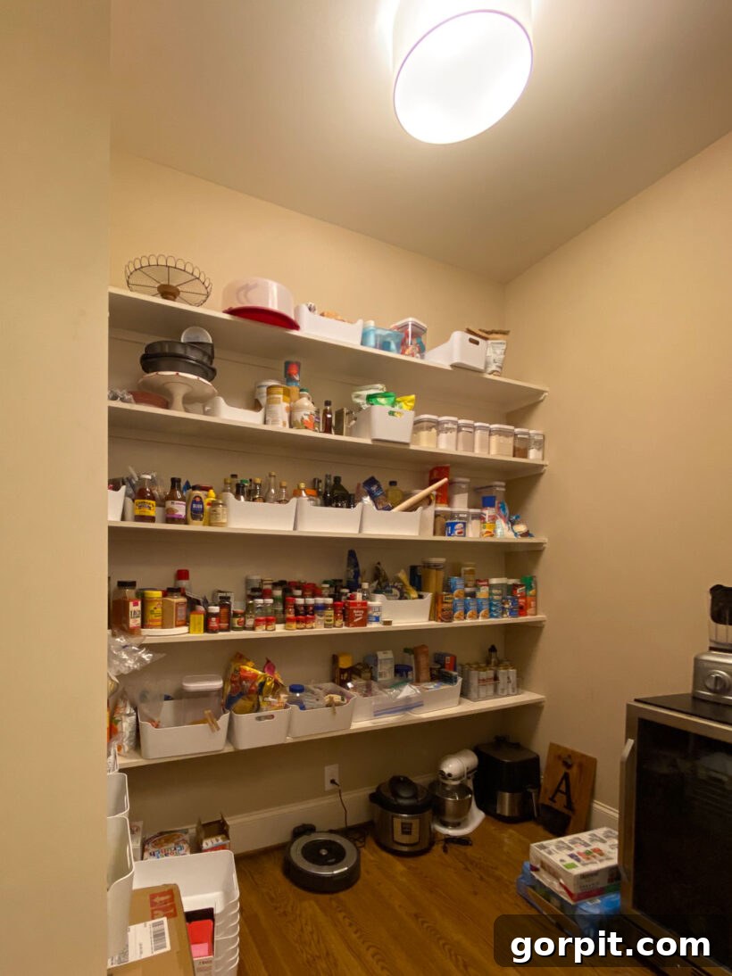 Cluttered and disorganized walk-in pantry before makeover, showing beige walls and brown shelves.