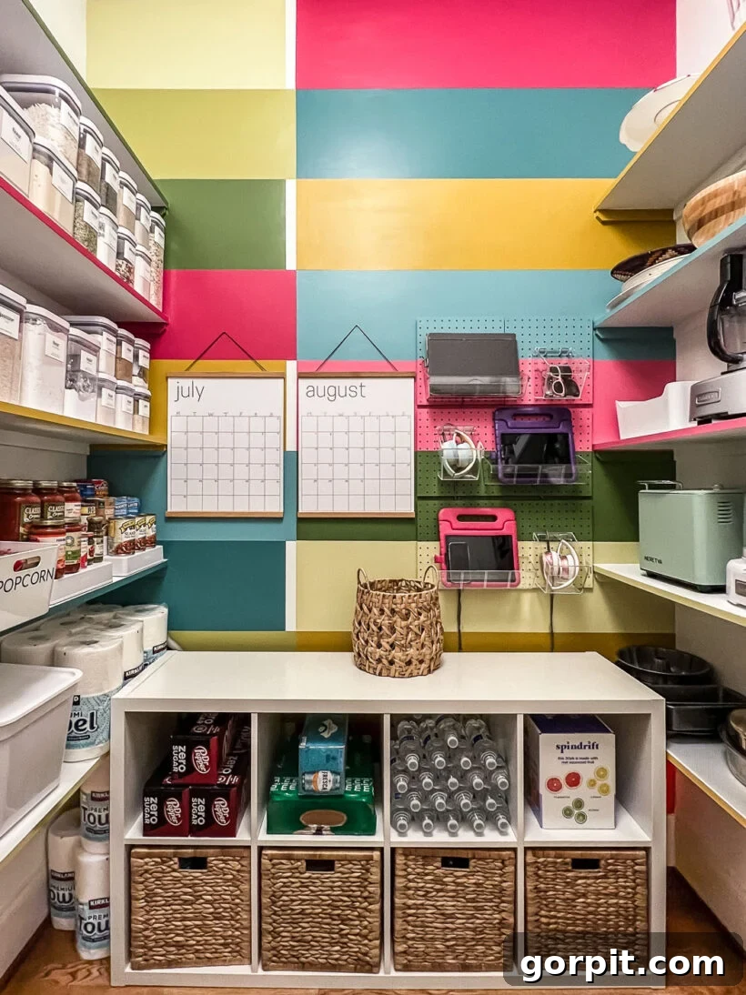 Colorful walk-in pantry with a wall mural and an IKEA Kallax bookshelf for extra storage, neatly holding drinks and baskets.