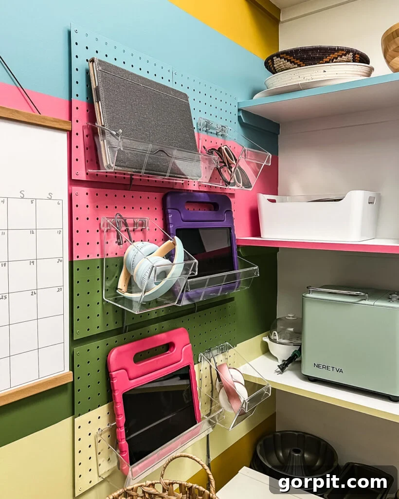DIY family charging station for electronic devices, neatly organized on a wall within the pantry.