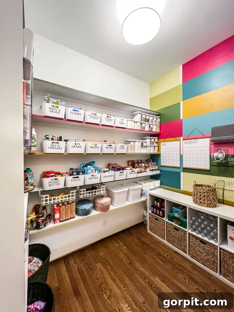 Bright and colorful walk-in pantry after makeover, with white shelves, a vibrant wall mural, and organized storage solutions.
