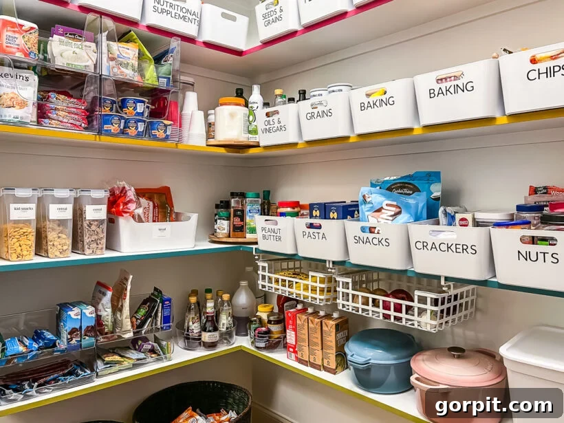 Close-up of organized pantry shelves featuring under-shelf drawers for produce and clear stackable bins for packaged goods.