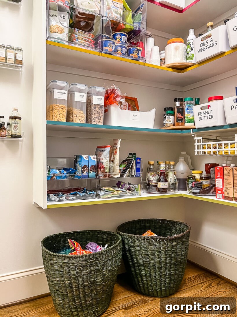 Large woven floor baskets holding extra dry goods like cereal and snacks in a walk-in pantry, keeping the floor tidy.