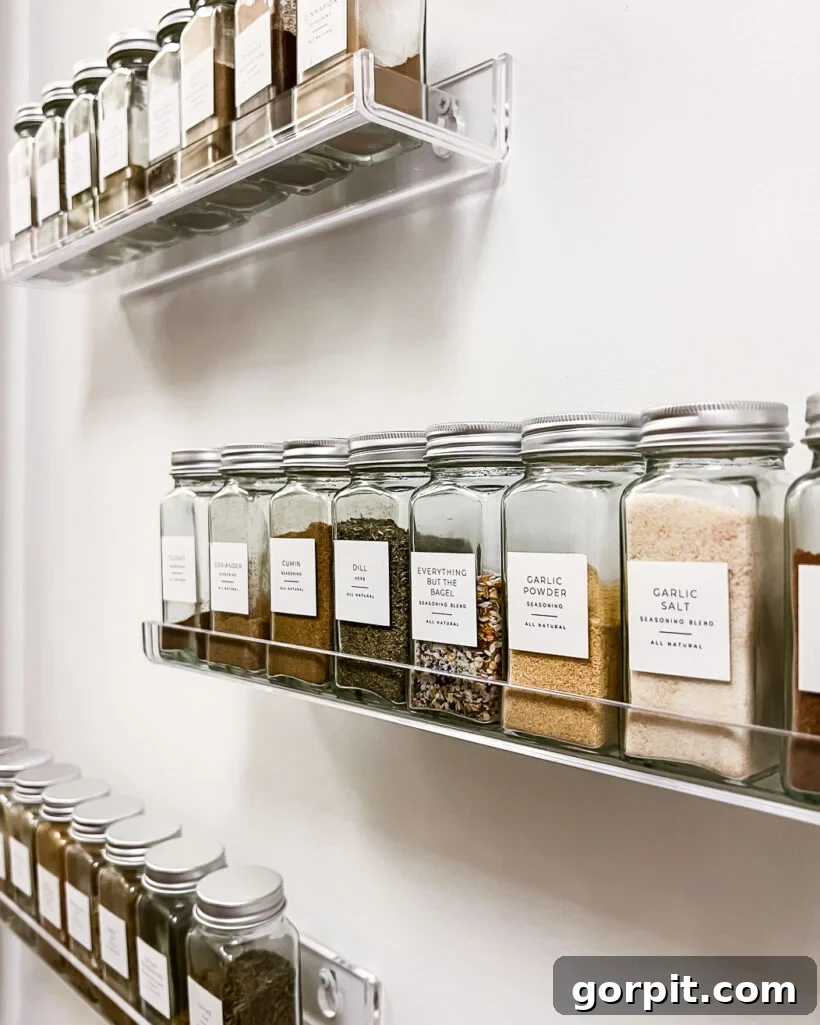 Wall-mounted acrylic spice shelves with uniform spice jars and labels in a white and colorful pantry.