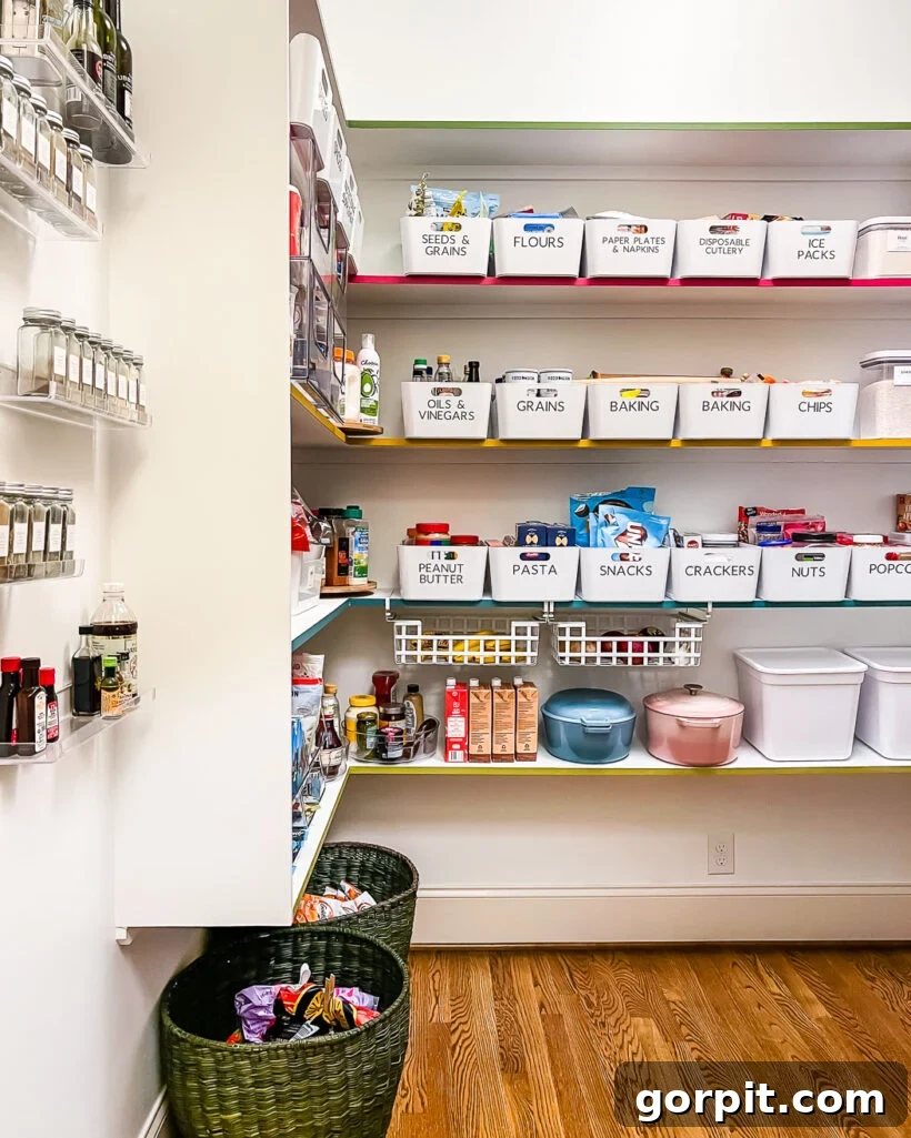 Close-up of organized spices on wall-mounted shelves, contributing to the bright aesthetic of the pantry makeover.