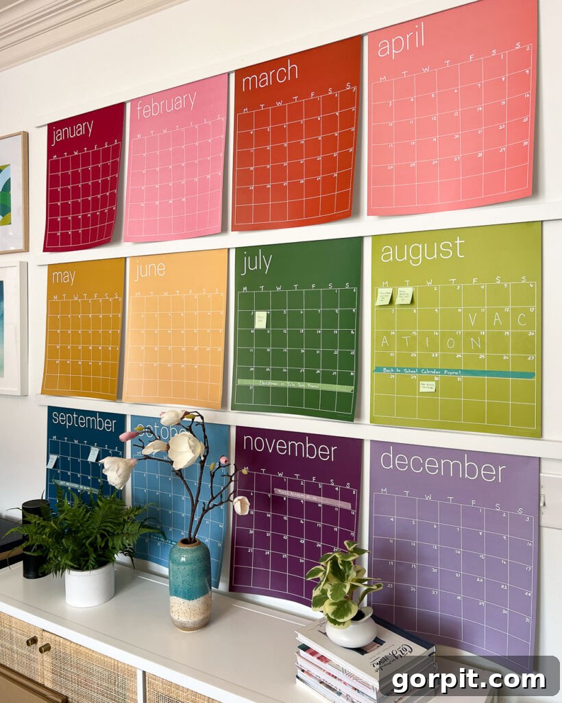 Smart Magnetic Poster Mounts 2 Colorful wall calendar hanging elegantly with DIY magnetic poster hangers, showcasing a modern and flexible art display solution.