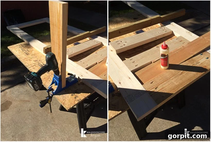 Craft Your Custom Screen Door 6 Close-up of Kreg jig in use, attaching a horizontal piece to the screen door frame.