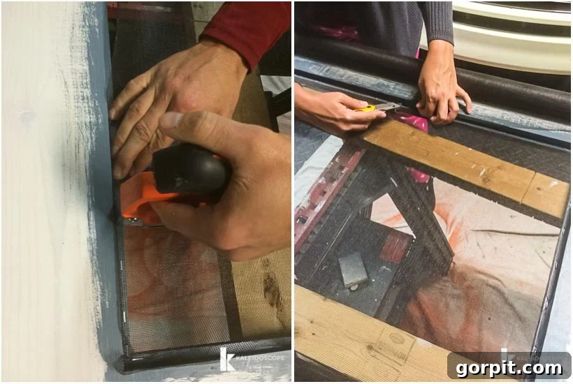 Attaching the screening material to the back of the DIY screen door with a staple gun.